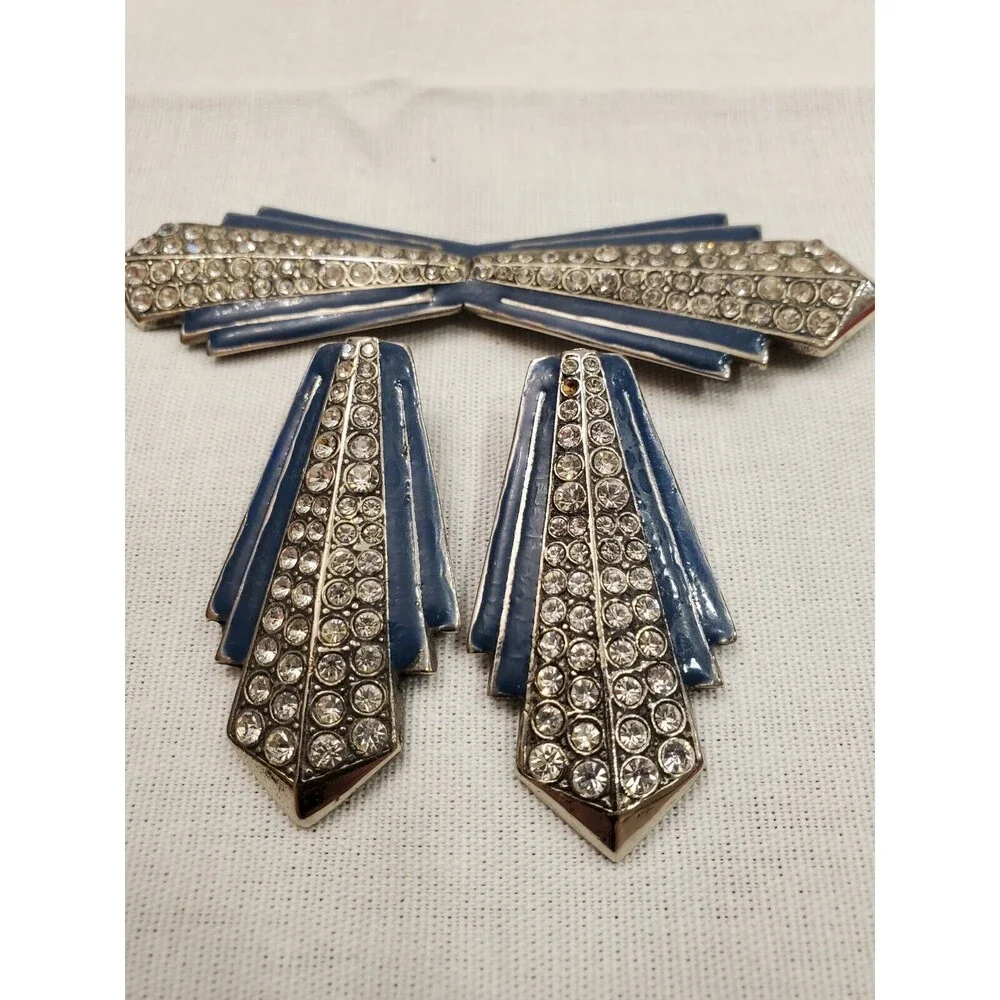 Vintage Art Deco Rhinestone and Blue Enamel Earrings and Pin Brooch